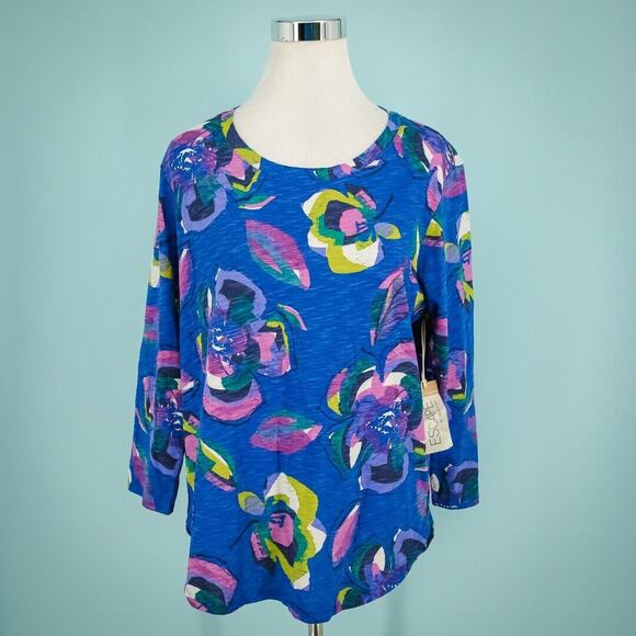Habitat Escape Size Medium M Blue Floral Print Scoop 3/4 Sleeve High Low Top NEW - Picture 1 of 8